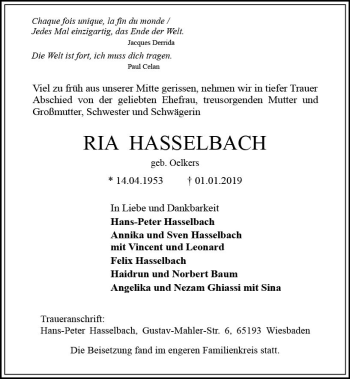 Traueranzeige von Ria Hasselbach von vrm-trauer