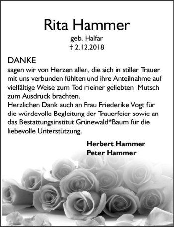 Traueranzeige von Rita Hammer von vrm-trauer
