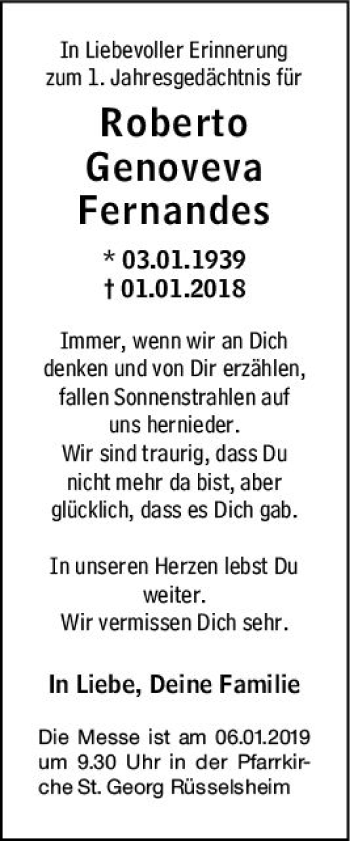 Traueranzeige von Roberto Genoveva Fernandes von vrm-trauer