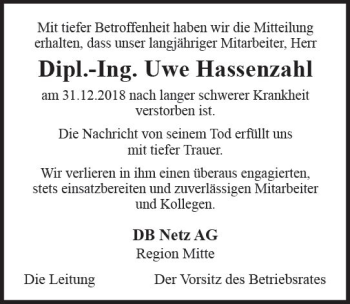 Traueranzeige von Uwe Hassenzahl von vrm-trauer