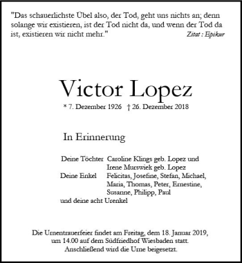 Traueranzeige von Victor Lopez von vrm-trauer