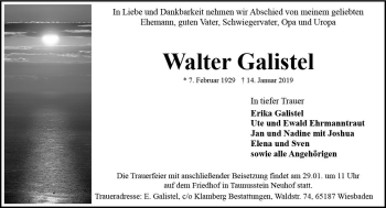 Traueranzeige von Walter Galistel von vrm-trauer