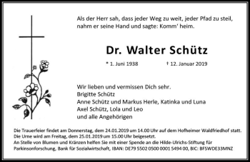 Traueranzeige von Walter Schütz von vrm-trauer