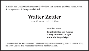 Traueranzeige von Walter Zettler von vrm-trauer