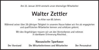 Traueranzeige von Walter Zettler von vrm-trauer