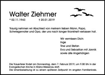 Traueranzeige von Walter Ziehmer von vrm-trauer