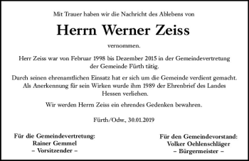 Traueranzeige von Werner Zeiss von vrm-trauer