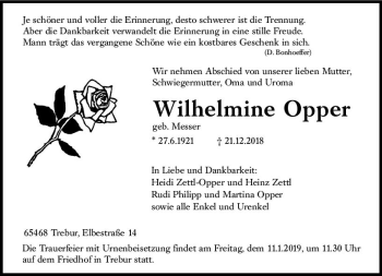 Traueranzeige von Wilhelmine Opper von vrm-trauer