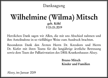 Traueranzeige von Wilhelmine Wilma Mitsch von vrm-trauer