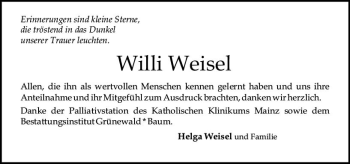 Traueranzeige von Willi Weisel von vrm-trauer