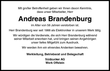 Traueranzeige von Andreas Brandenburg von vrm-trauer