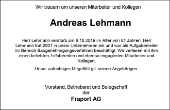 Traueranzeige von Andreas Lehmann von vrm-trauer