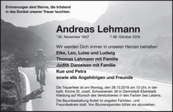 Traueranzeige von Andreas Lehmann von vrm-trauer