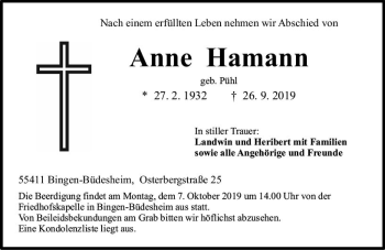 Traueranzeige von Anna Hamann von vrm-trauer