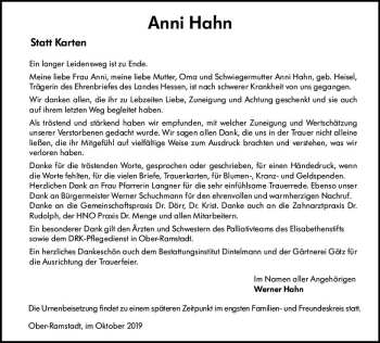 Traueranzeige von Anni Hahn von vrm-trauer