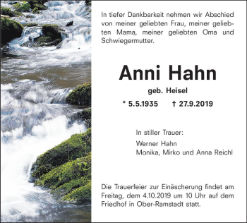 Traueranzeige von Anni Hahn von vrm-trauer