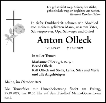 Traueranzeige von Anton Olleck von vrm-trauer