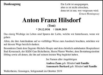 Traueranzeige von Anton Franz Hilsdorf von vrm-trauer