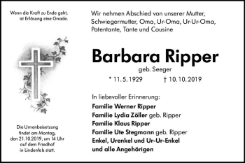Traueranzeige von Barbara Ripper von vrm-trauer