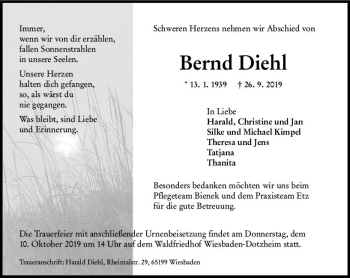 Traueranzeige von Bernd Diehl von vrm-trauer