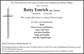 Traueranzeige von Betty Emrich von vrm-trauer