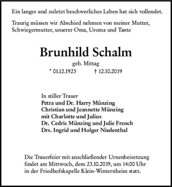 Traueranzeige von Brunhild Schalm von vrm-trauer