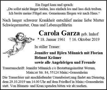 Traueranzeige von Carola Garza von vrm-trauer