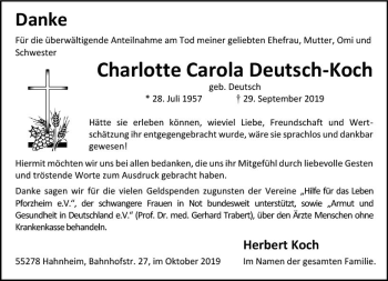 Traueranzeige von Charlotte Carola Deutsch-Koch von vrm-trauer
