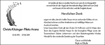 Traueranzeige von Christa Kitzinger-Pileta Arana von vrm-trauer