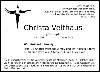 Traueranzeige von Christa Velthaus von vrm-trauer