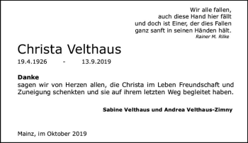 Traueranzeige von Christa Velthaus von vrm-trauer