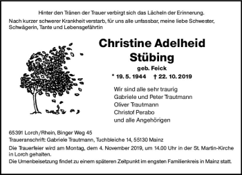 Traueranzeige von Christine Adelheid Stübing von vrm-trauer
