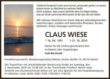 Traueranzeige von Claus Wiese von vrm-trauer
