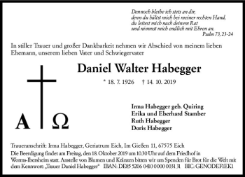 Traueranzeige von Daniel Walter Habegger von vrm-trauer