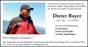 Traueranzeige von Dieter Bayer von vrm-trauer