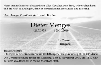 Traueranzeige von Dieter Menges von vrm-trauer
