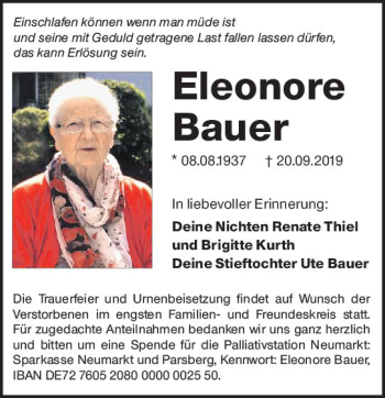 Traueranzeige von Eleonore Bauer von vrm-trauer