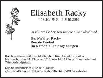 Traueranzeige von Elisabeth Racky von vrm-trauer