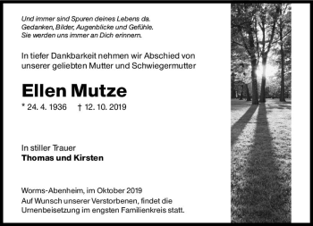Traueranzeige von Ellen Mutze von vrm-trauer