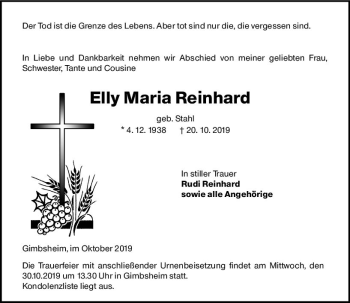 Traueranzeige von Elly Maria Reinhard von vrm-trauer