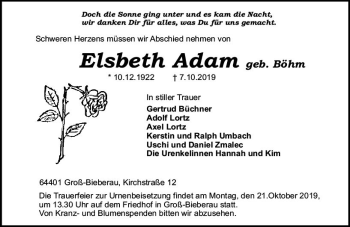 Traueranzeige von Elsbeth  Adam von vrm-trauer