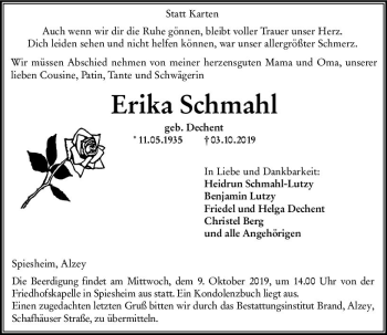 Traueranzeige von Erika Schmahl von vrm-trauer