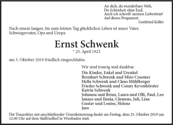 Traueranzeige von Ernst Schwenk von vrm-trauer