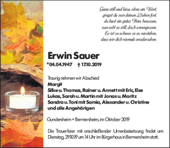 Traueranzeige von Erwin Sauer von vrm-trauer