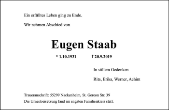 Traueranzeige von Eugen Staab von vrm-trauer