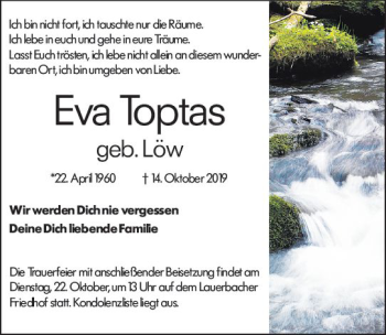 Traueranzeige von Eva Toptas von vrm-trauer
