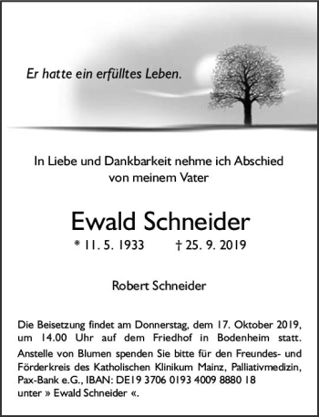 Traueranzeige von Ewald Schneider von vrm-trauer