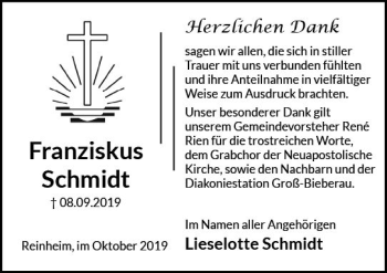 Traueranzeige von Fanziskus Schmidt von vrm-trauer