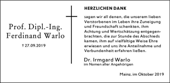Traueranzeige von Ferdinand Warlo von vrm-trauer