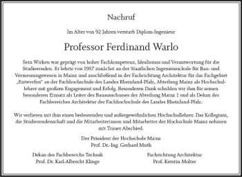 Traueranzeige von Ferdinand Warlo von vrm-trauer